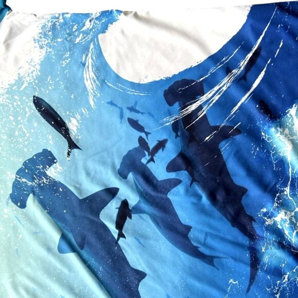 Lands End White Teal SS Rashguard Hammerhead Sharks Ocean Swim Size XL (14/16) - Picture 3 of 6